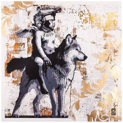 A print form artist DS aka david schmidt of a cherub sitting upon a wolf wearing a roman helmet with a wolf head on top of the helmet looking over to the top right of the canvas. the background image has paint marks and gold leaf. the print is finished with a victorian pattern painted in gold. the bottom right corner features DS signature spray painted in black.