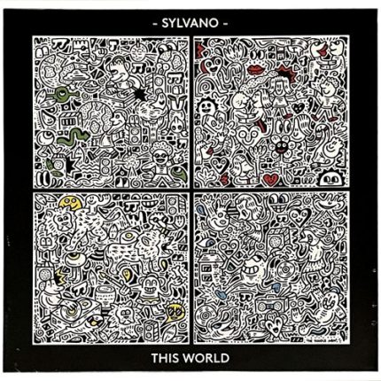 A black vinyl release for the band Sylvano with the artwork by Mr Doodle. The artwork is split into four sections All containing Mr Doodles typical fluid style. Each section features a DJ With Mr Doodles characters dancing and enjoying themselves. the image is monochrome with highlights in 4 colours.