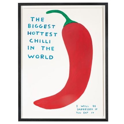 Colorful artwork titled 'The Biggest Hottest Chilli in the World' by David Shrigley. A whimsical depiction of a fiery red chili pepper with vibrant, swirling hues. The playful composition and bold colors capture the essence of heat and flavor, showcasing Shrigley's unique artistic style.