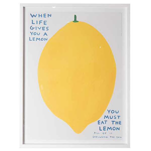 A large Lemon fills the frame with the text 'When Life gives you a lemon. you must eat the lemon, all of it including the skin' in the top right and bottom left in blue