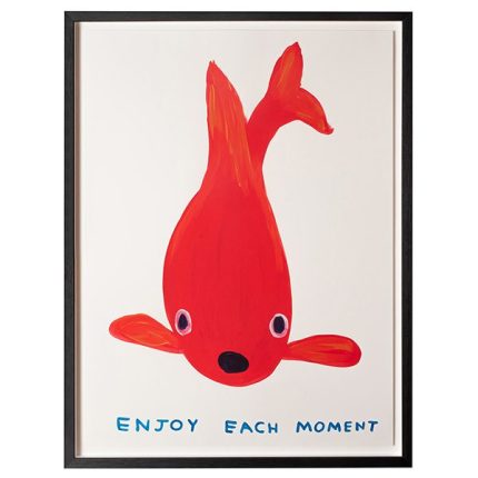 A large red Goldfish looking directly at the viewer with a shocked expression. below the fish is David Shrigleys typical hand written text saying 'Enjoy each Moment