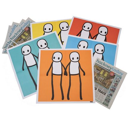a complete set of stik prints issued for the hackney today paper, the complete set are signed by the artist in the bottom right corner. here is a photo of all the prints and the papers they came in