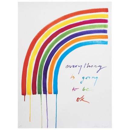 Alma Singers iconic early work that was released during the pandemic. it features a rainbow that was used to display the hope of the NHS and country. in rainbow colours we have a text capioning 'Everything will be OK'