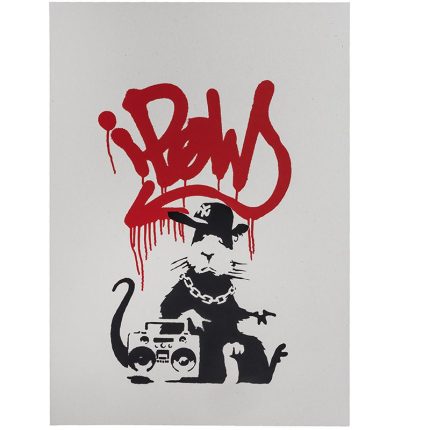 A black and white stencil art print of a rat wearing a New York Mets baseball cap, a chain necklace, and carrying a ghetto blaster, against a plain background. The words 'I Pews' are written in red spray paint.