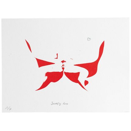 An image of two faces kissing cleverly made to look like a butterfly. the image is in a single colour of red. the image is reminiscent of a Rorschach print