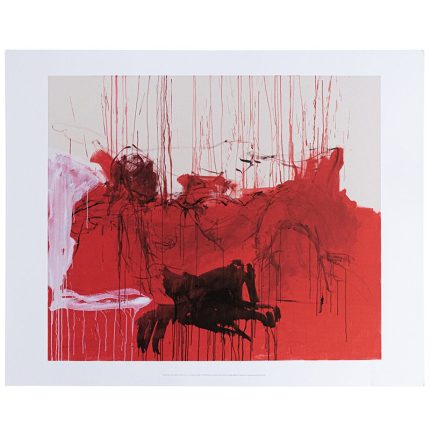 a print of a tracey emin painting titled i never asked to fall in love. the painting is abstract largely covered in red with a central black mark.