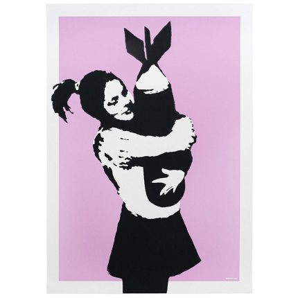 a screenprint of a girl hugging a bomb with a pink background.