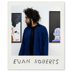 Artist category image of British Artist Euan Roberts, the artist looks away from camera with his trademark large afro making a great sillouette