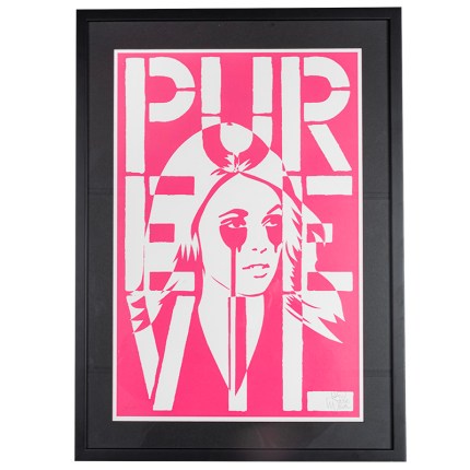 a special edition pure evil image of sharon tate in pink with pure evil spelt out in the single colour screen print.detail shot of signature