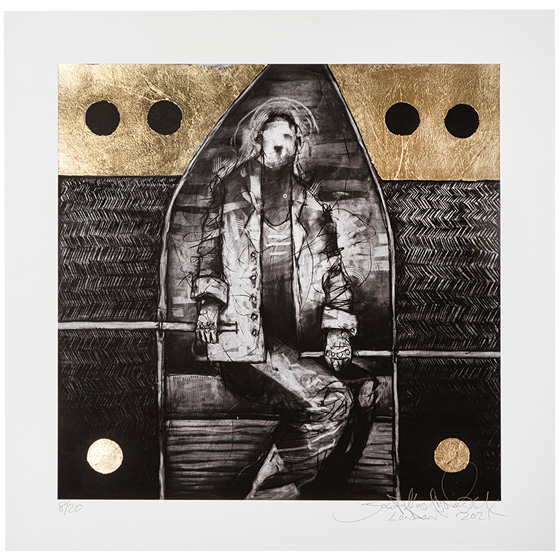 Joseph Loughborough's "Man in Boat" artwork featuring a monochromatic figure seated in a boat, framed by gold leaf circles and patterned textures.