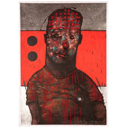 Dan Returns" - Abstract portrait by Joseph Loughborough with vivid red and dark tones, showcasing emotional depth and textured details, 2020.