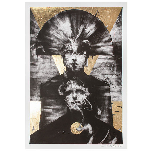 Joseph Loughborough's "Totem" is an expressive charcoal and gold leaf artwork depicting a mystical figure with abstract and symbolic elements.