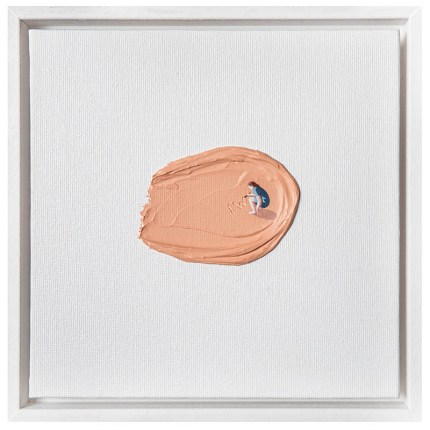 Intriguing artwork by Louise Nordh showing a lone figure on a peach-colored paint stroke on canvas.