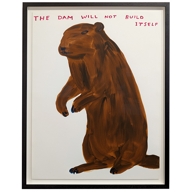 Framed art print of David Shrigley's 2023 beaver illustration with motivational text "The Dam Will Not Build Itself".