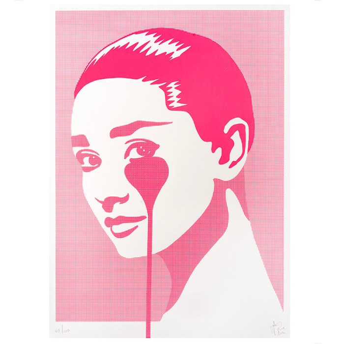 a screen print of Audrey Hepburn by Pure Evil. the screen print is in warm pink and has pure evils trademark drip from the eye.