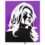 a silver, purple and black screenprinted artwork of Sharon Tate