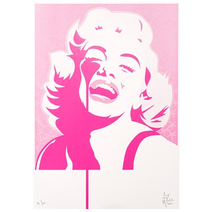 pop art image of screaming marilyn in pink by pure evil, his trademark ink drop eye.