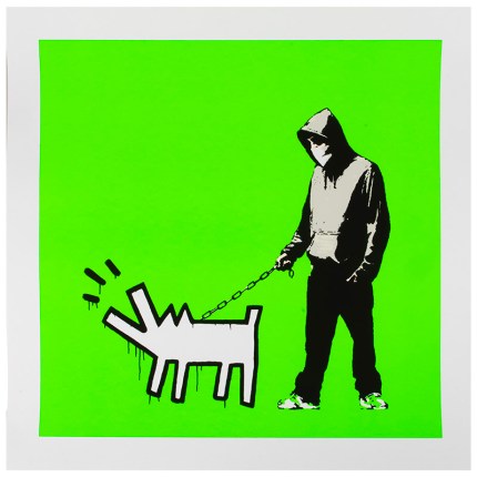 Choose your weapon Art print of a person in a hoodie walking a keith haring dog by Banksy