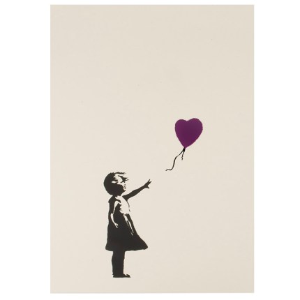 Art print of a girl reaching for a purple heart balloon by Banksy