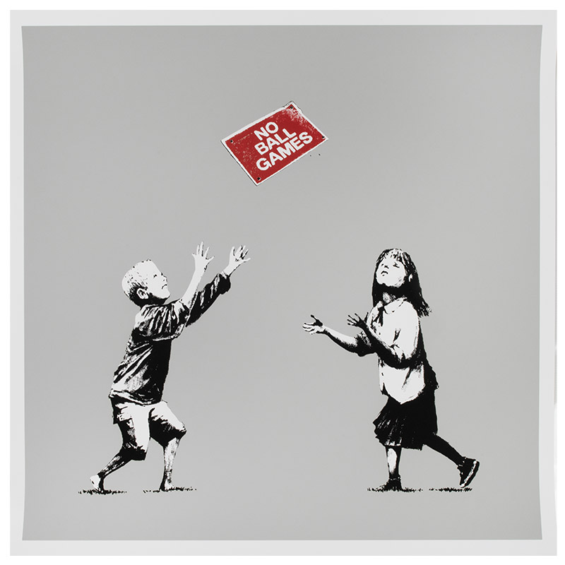Art print of children playing with a 'No Ball Games' sign by Banksy