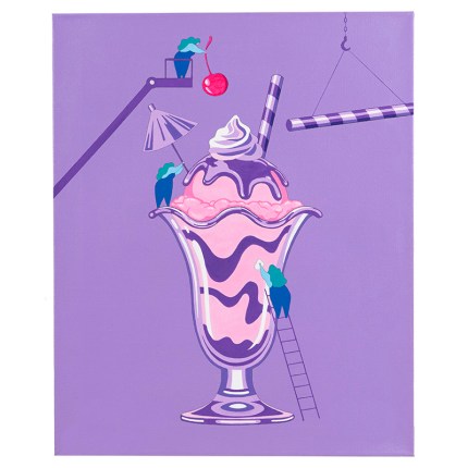 Whimsical painting of a large ice cream sundae with tiny figures placing a cherry on top, set against a soft purple background.