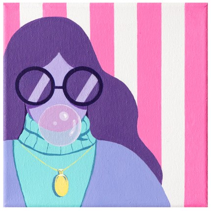 Abstract acrylic painting 'Bubble Pop' featuring a stylish figure with large glasses blowing a bubblegum bubble, set against pink and white striped background, by Louise Nordh.