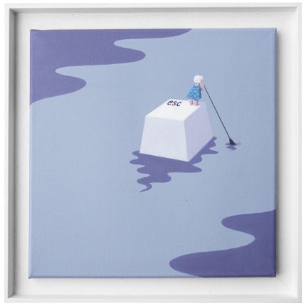 Grey Escape (Granny on the Run) by Louise Nordh - A whimsical painting of an elderly woman on a giant 'Esc' key drifting on a purple river.