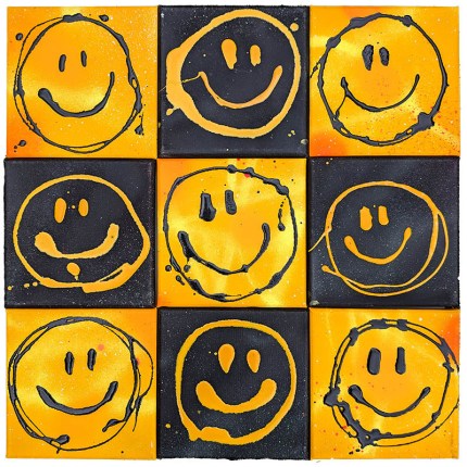 Original painting by RYCA featuring nine smiley faces in a grid pattern with vibrant yellow and black colors.