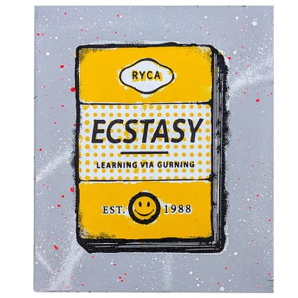 Screen print artwork by RYCA featuring a parody of an ecstasy package with yellow and gray design.