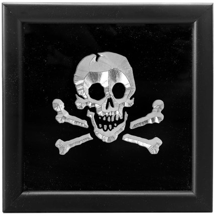 Framed sculpture artwork by RYCA featuring a silver skull and crossbones.