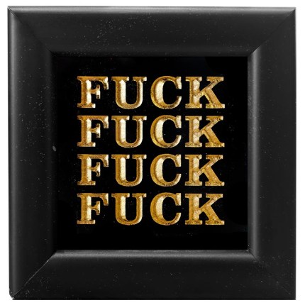 Framed sculpture artwork by RYCA featuring the word 'F***' repeated four times in gold letters.