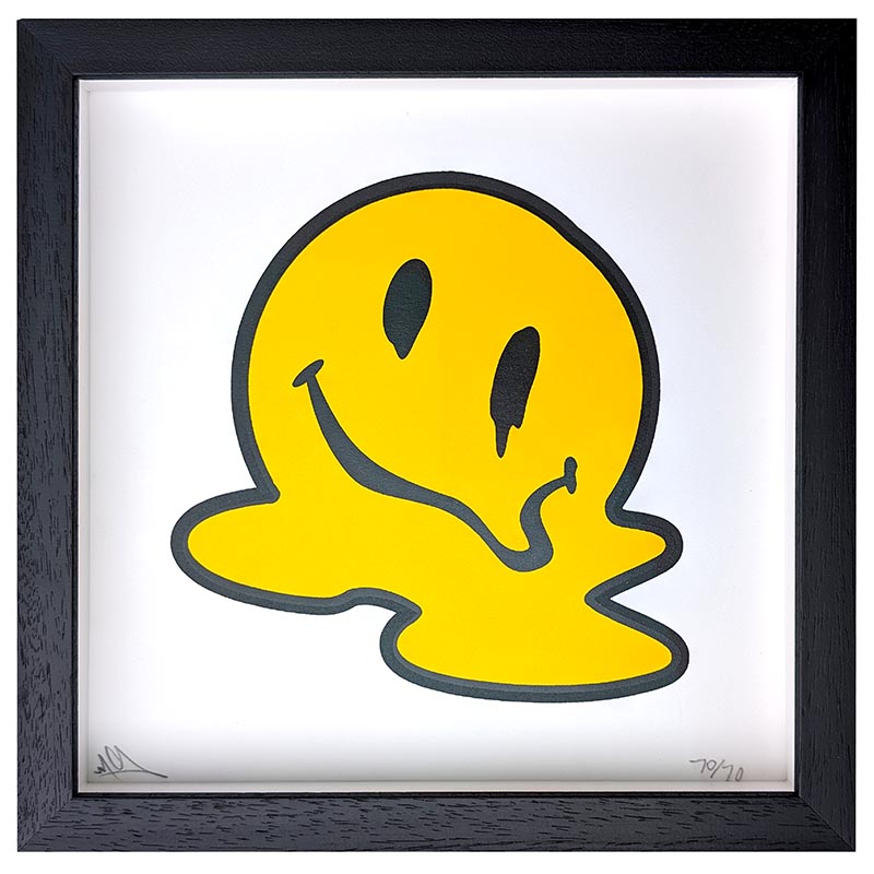 Screen print artwork by RYCA featuring a melting yellow smiley face.