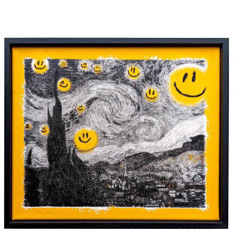Screen print artwork by RYCA featuring a parody of Van Gogh's Starry Night with yellow smiley faces.